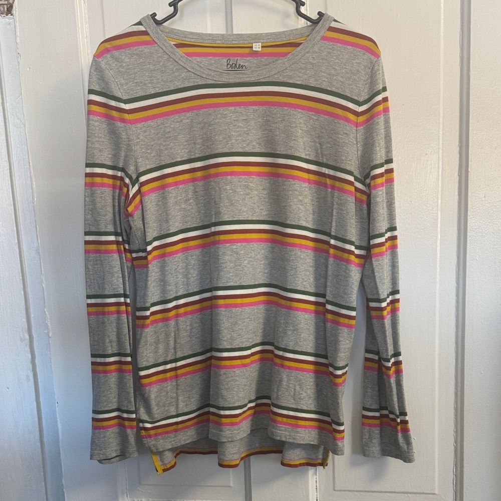 Boden Gray Striped Long Sleeve Top